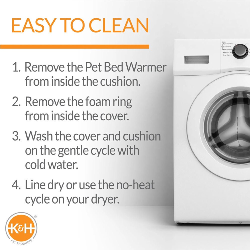 Heated cat bed cover and cushion setup next to a washing machine