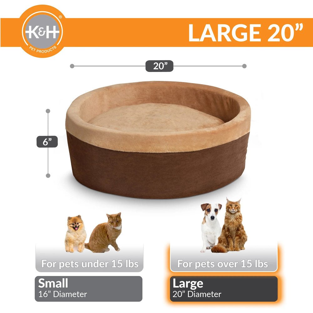 Heated cat bed in two sizes shown: small and large round beds with plush interiors