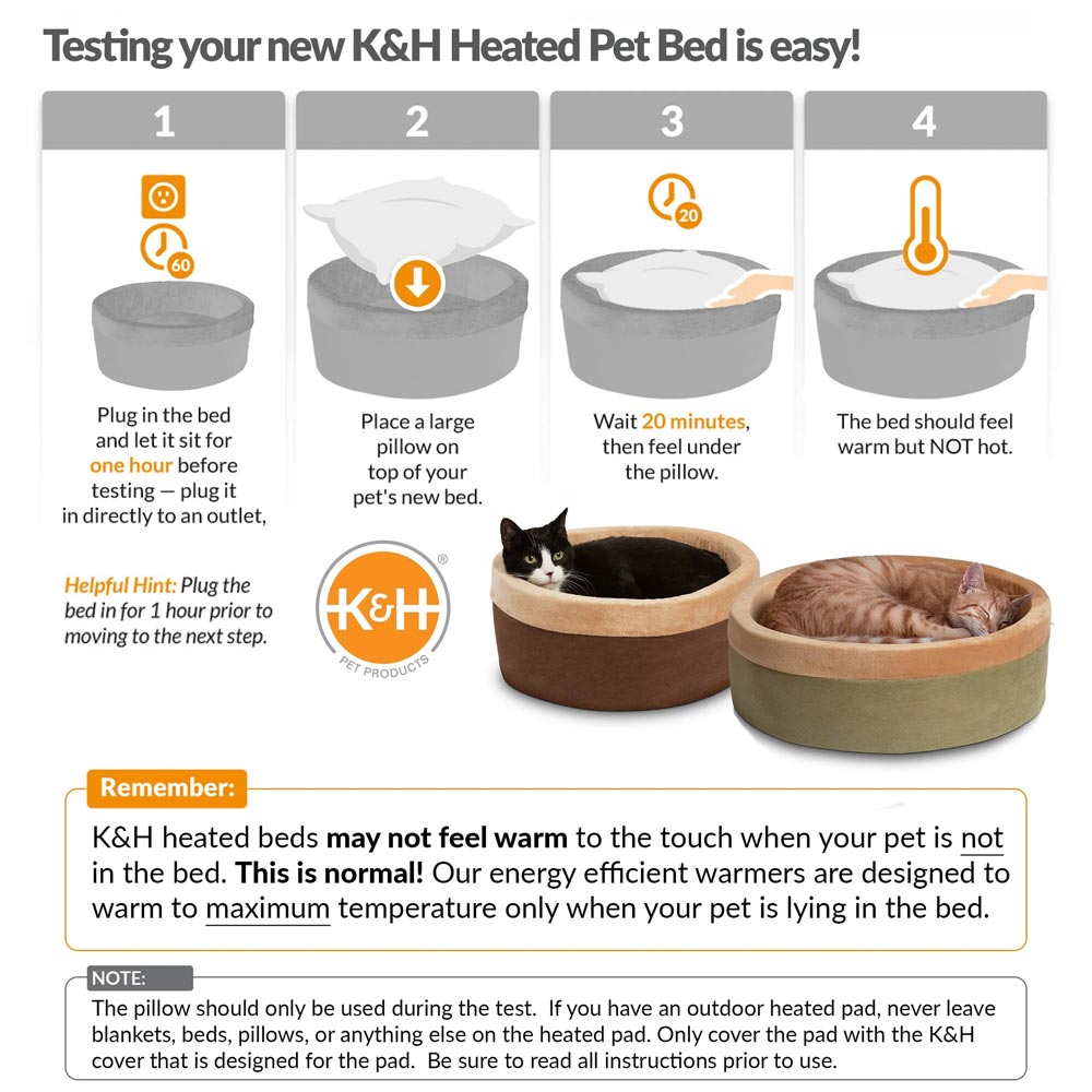 Heated cat bed with plush interior and round bolster edge, with cats near the beds