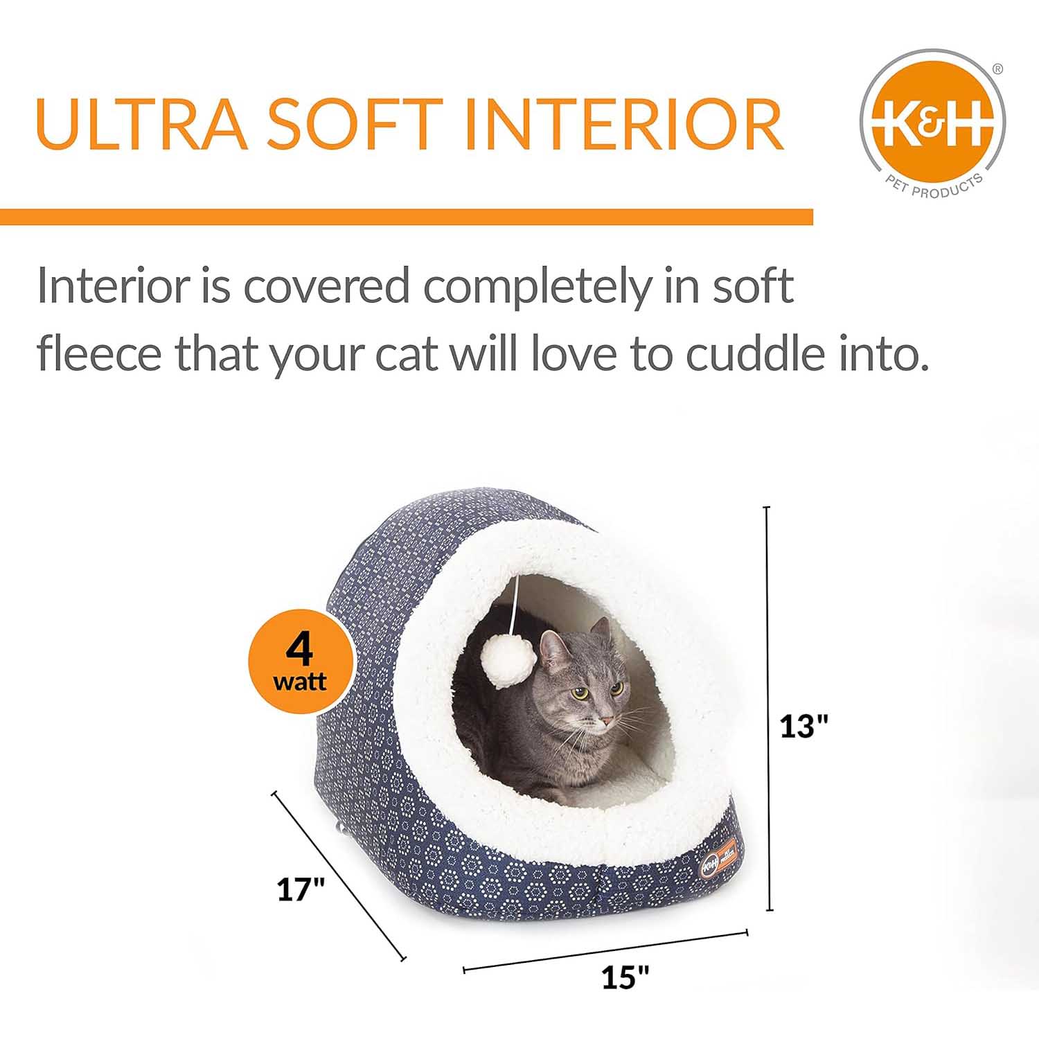 Heated plush cat cave bed with tunnel opening, grey interior lining, cat curled inside