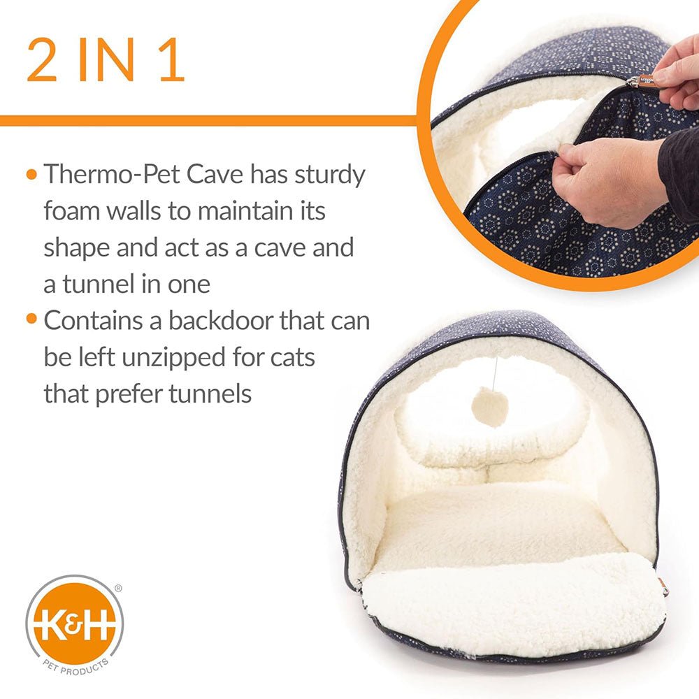 Heated cat cave bed with unzipped backdoor, white plush interior and curved tunnel shell