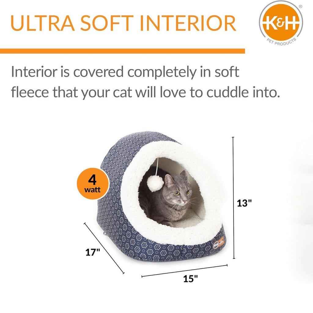 Plush blue cat cave bed with tunnel entrance and white fleece lining
