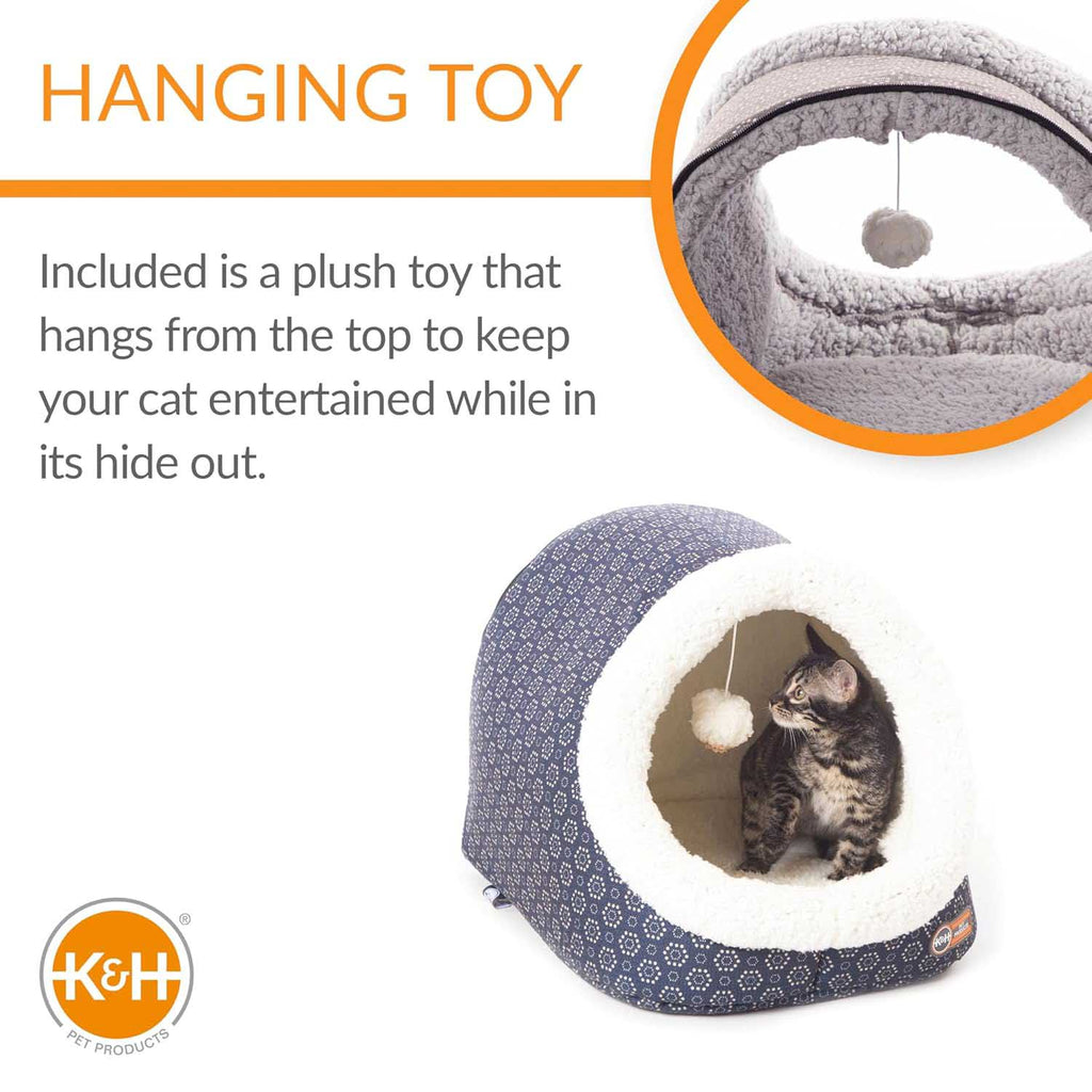 Plush cat cave bed with hanging plush toy and white fleece-lined tunnel