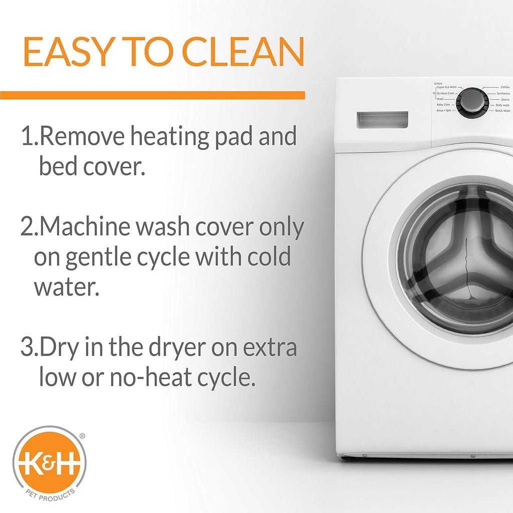Heated cat bed with removable cover; washing machine for cover cleaning