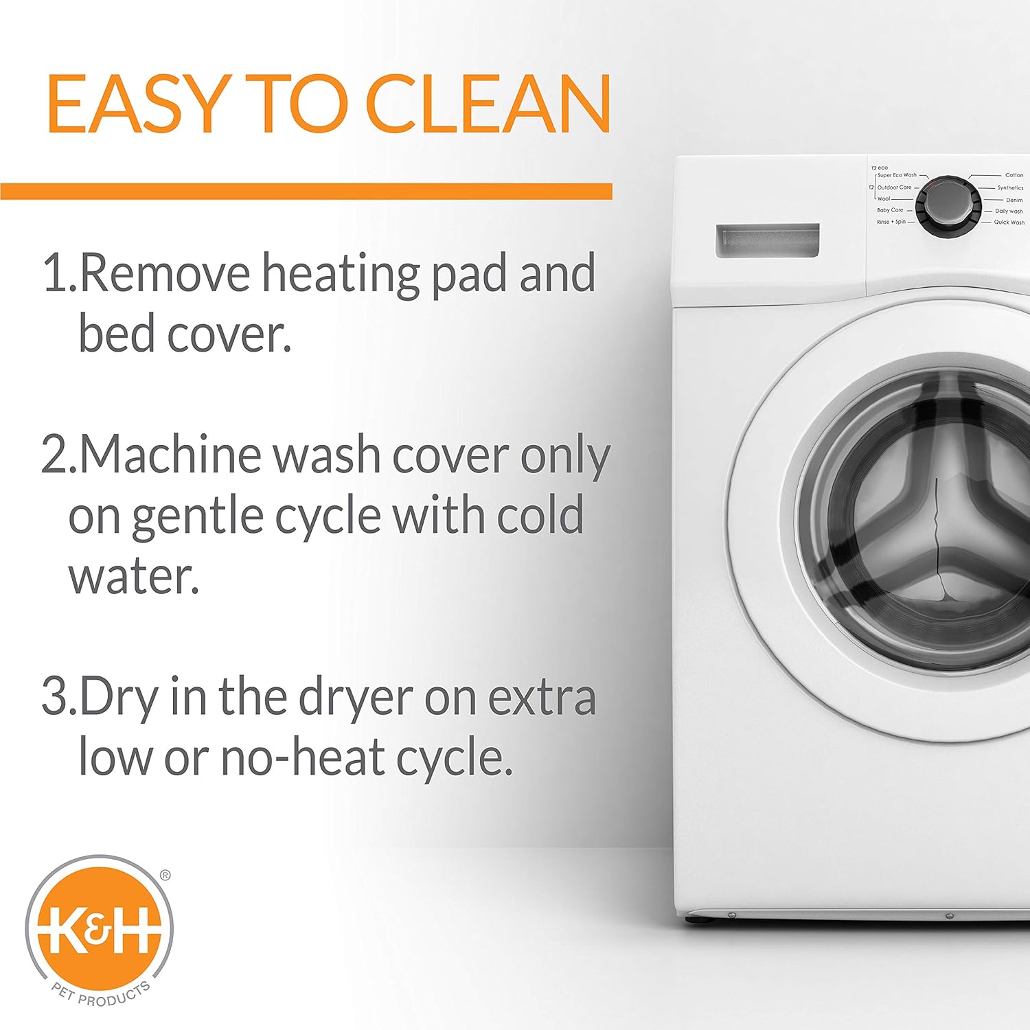 Heated cat bed with removable cover; washing machine for cover cleaning