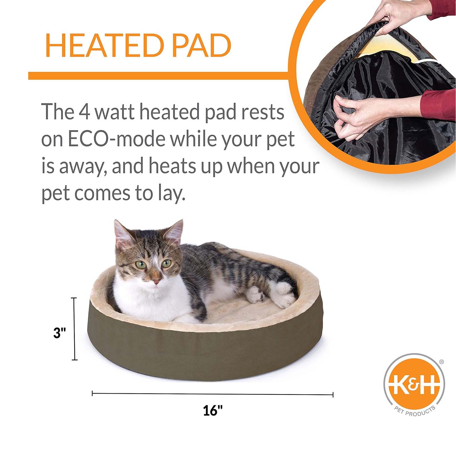 Brown heated cat bed with low rim, cat inside; hand removing cover