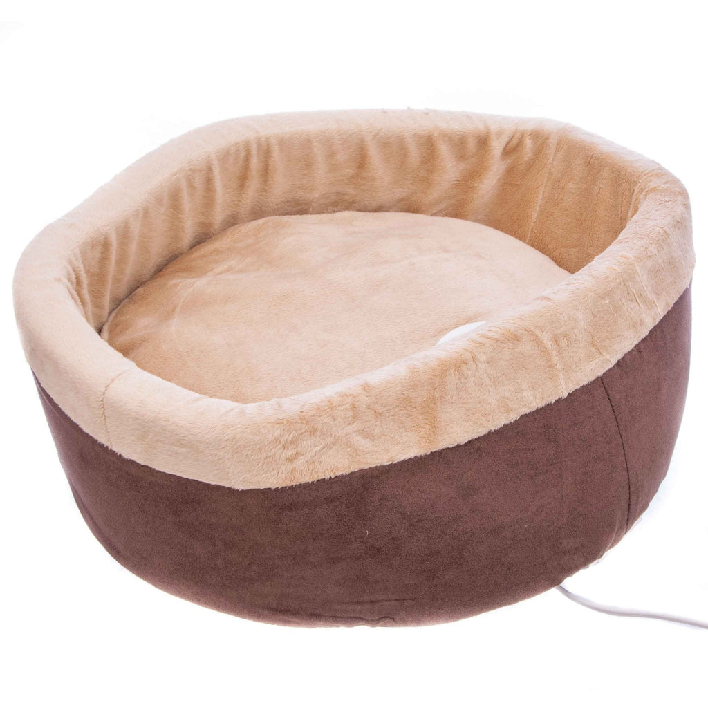 Heated cat bed in mocha brown with cream top and visible power cord