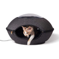 Grey heated cat cave bed with tunnel opening and domed window, padded cushion