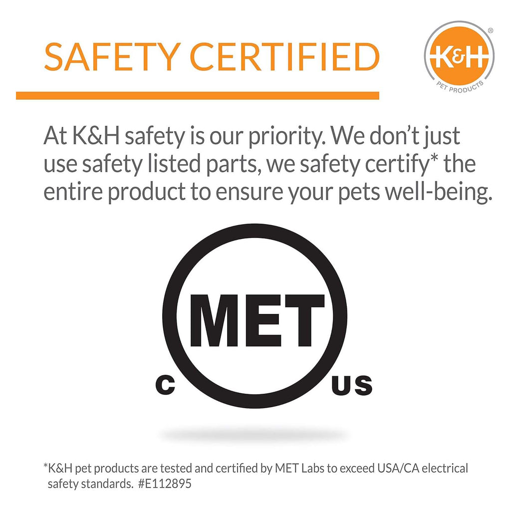 Safety certification graphic with MET C US mark for heated pet product