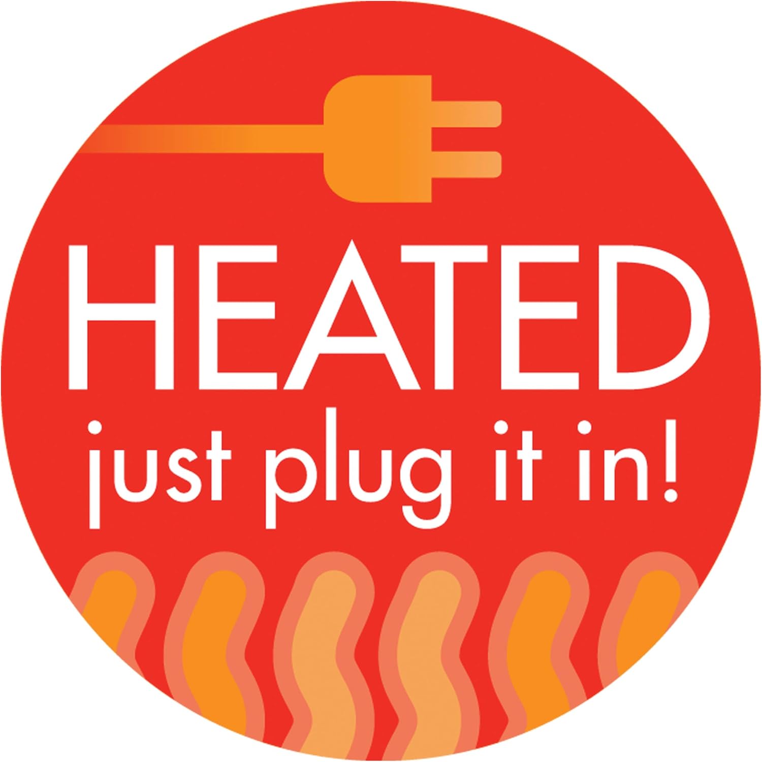 Heated warning badge reading "HEATED just plug it in!" with flame icons