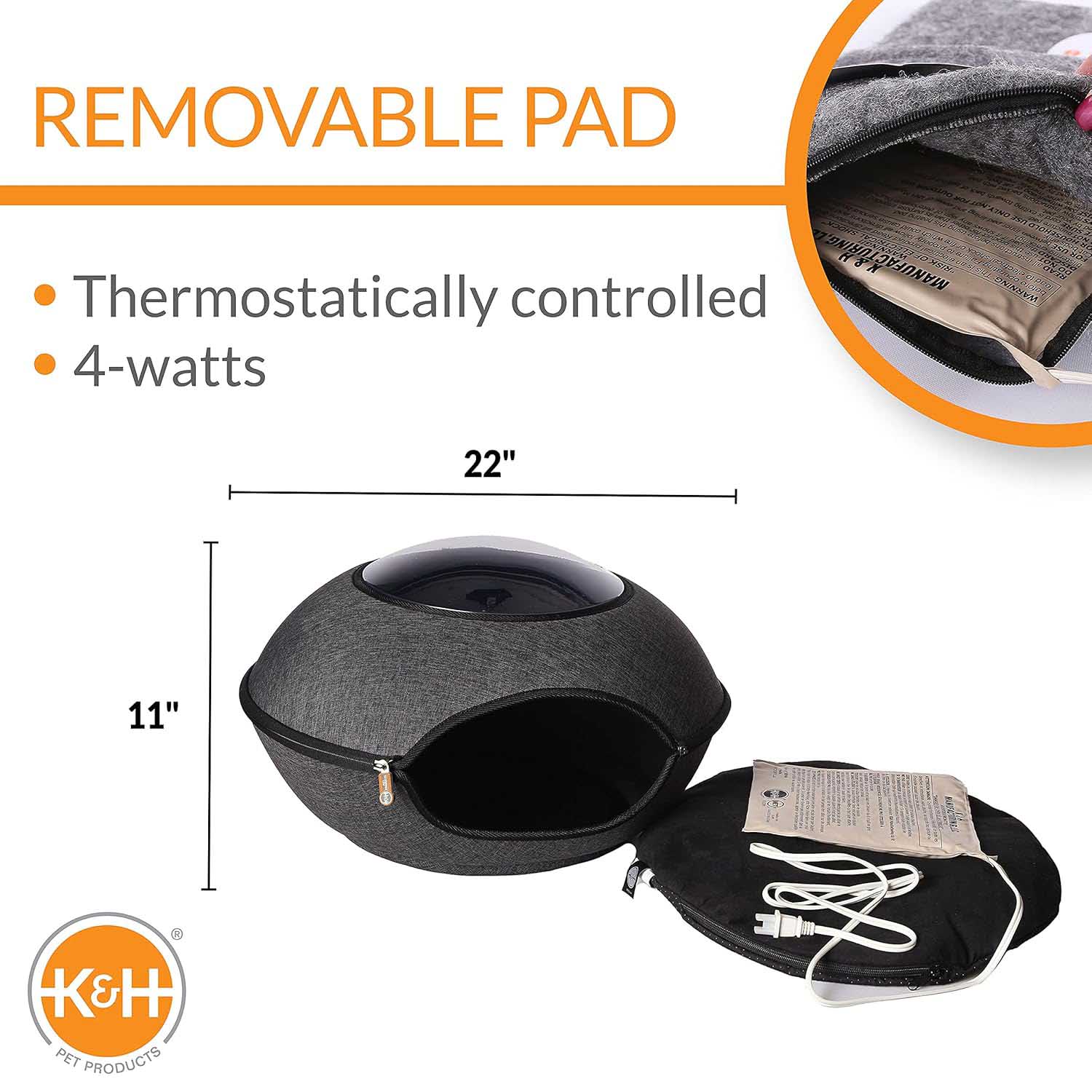 Grey heated cat cave bed showing removable pad and open base