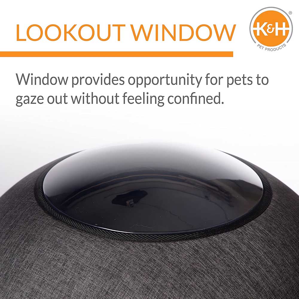 Grey heated cat cave bed top with domed lookout window panel