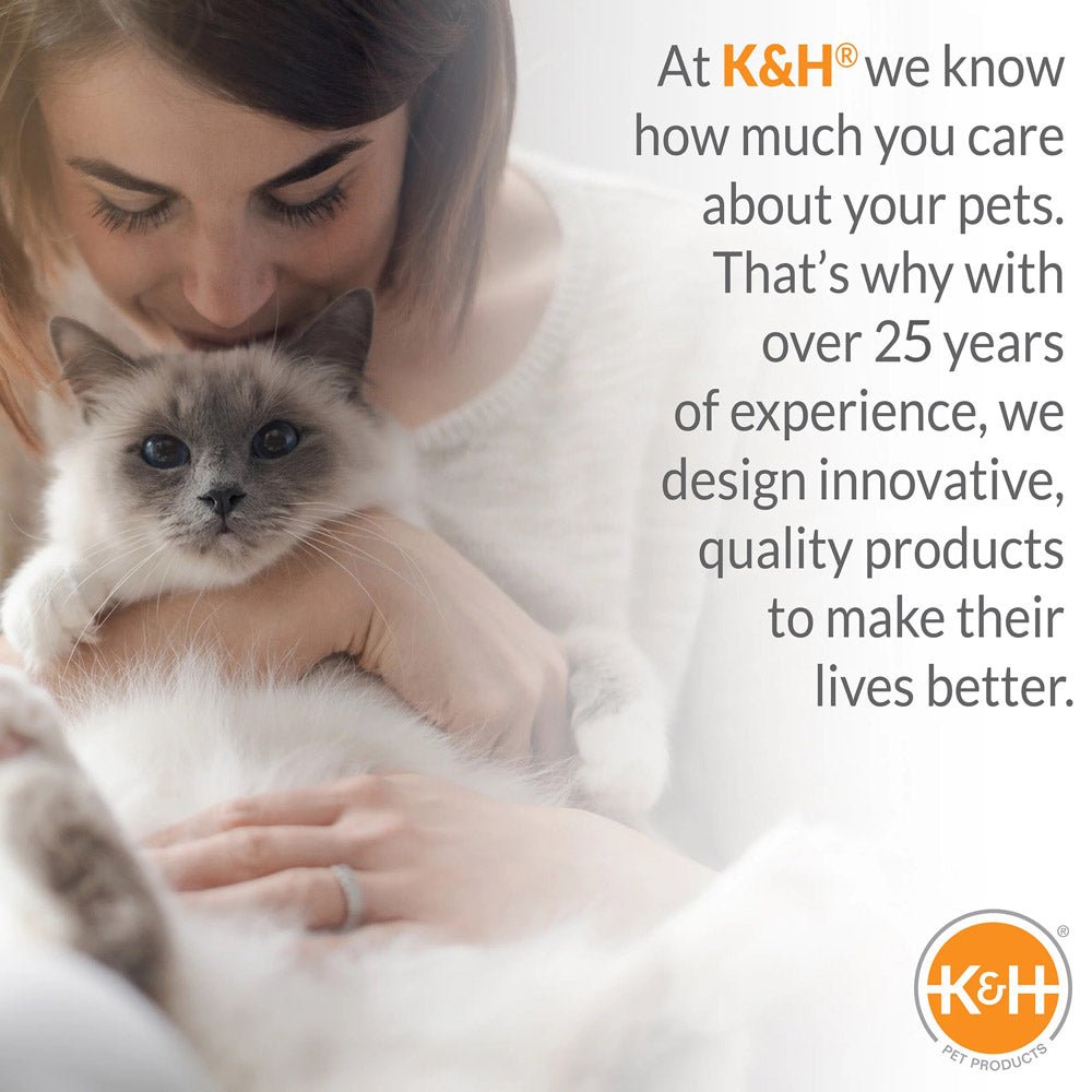 Cat cuddling photo with K&H logo badge on promotional warm pet theme