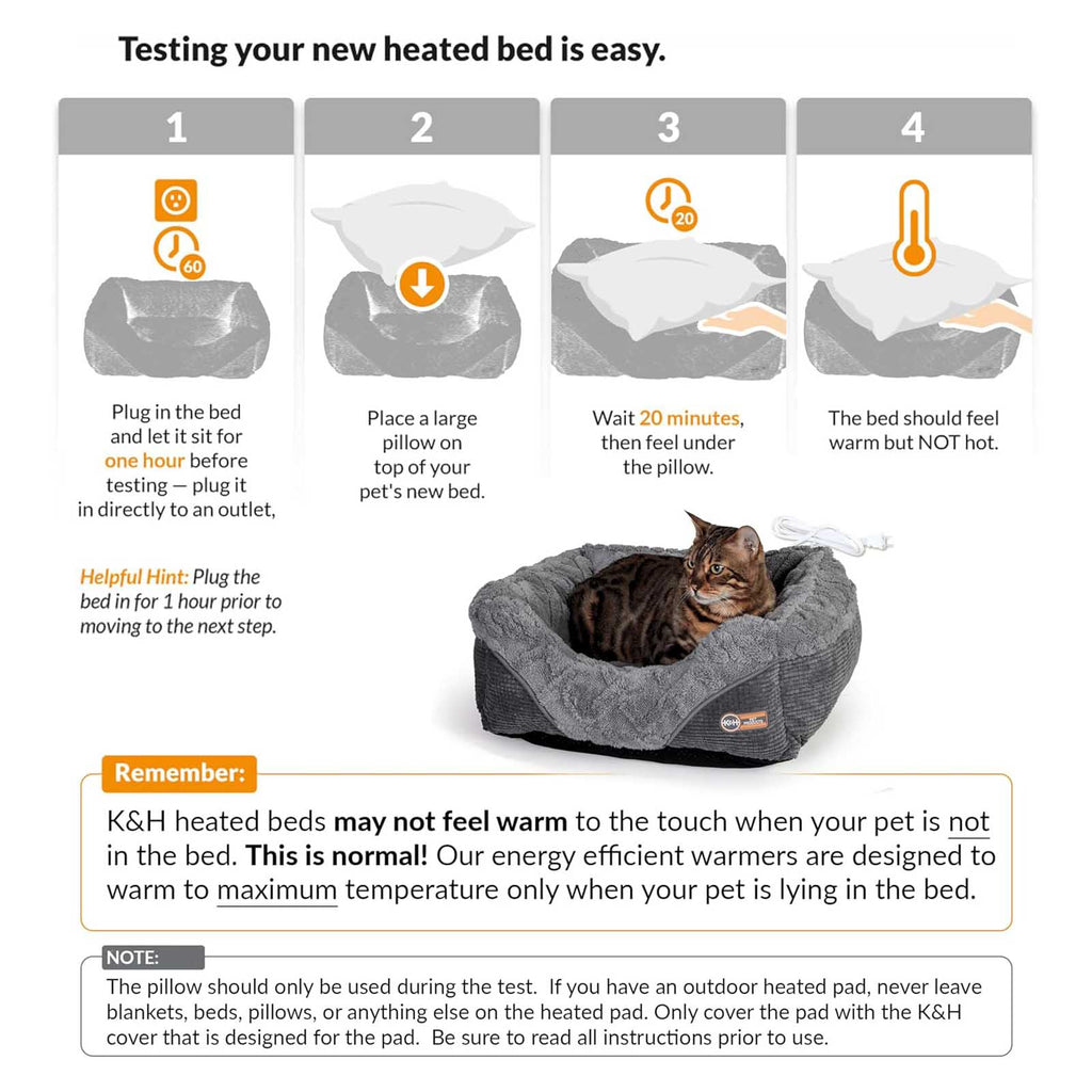 Grey plush heated pet bed with power cord and cat during warming test steps