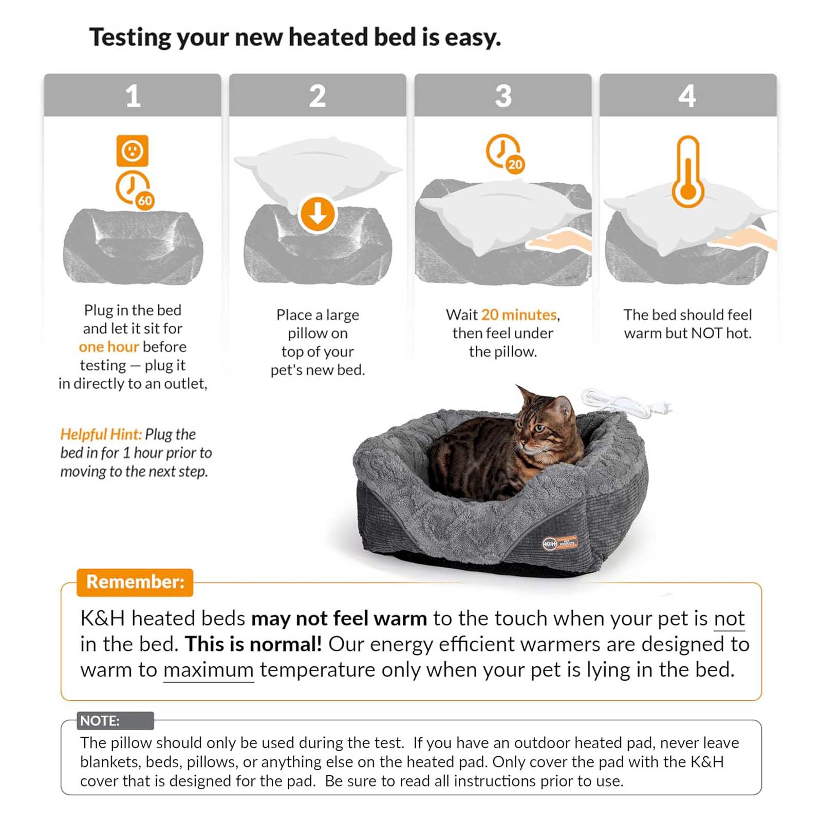 Grey plush heated pet bed with power cord and cat during warming test steps