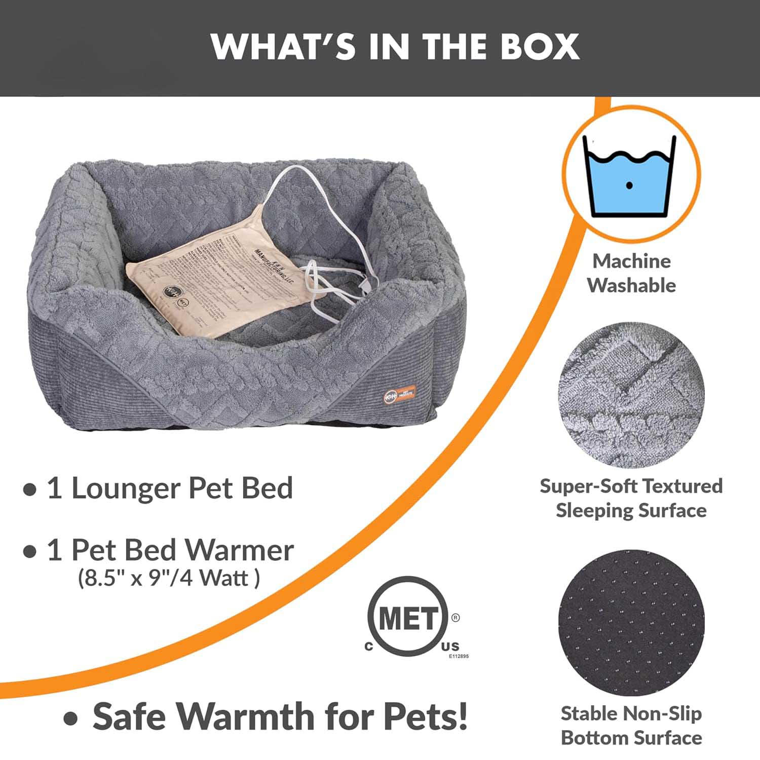 Grey plush heated pet bed with removable cover and included warmer pad shown inside