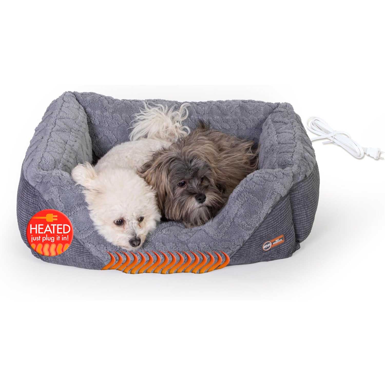 Grey plush heated pet bed with front heat vents; two small dogs resting