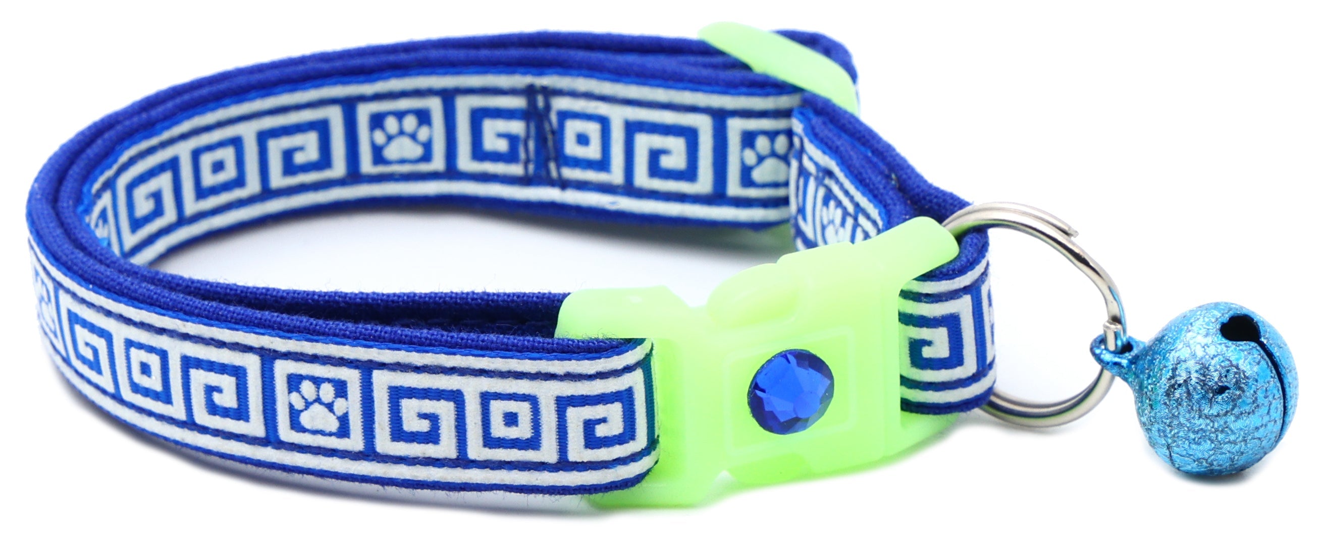 Blue cat collar with Greek key pattern, neon breakaway buckle, blue crystal and bell