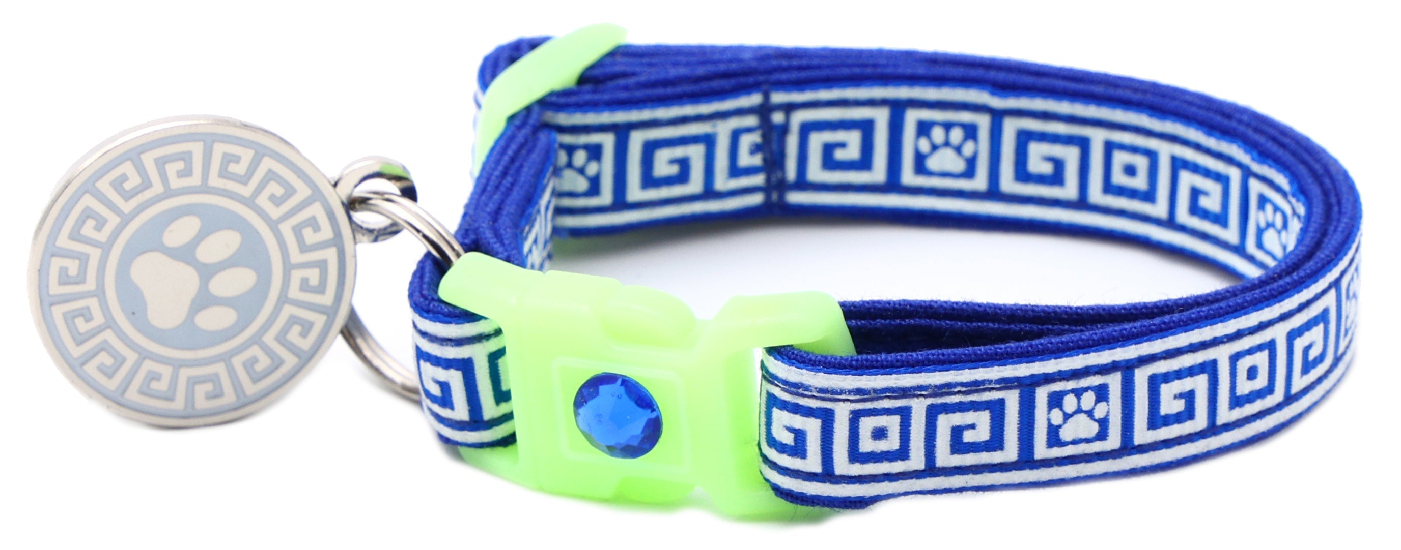 Blue Greek key cat collar with neon buckle, metal ring, and gray paw charm