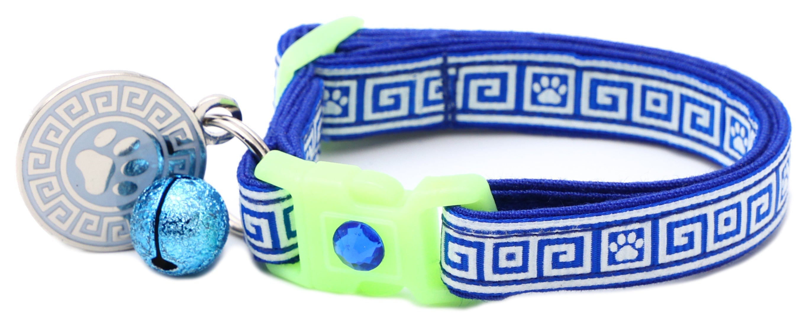 Blue patterned cat collar with lime breakaway insert, silver paw tag, and blue jingle bell