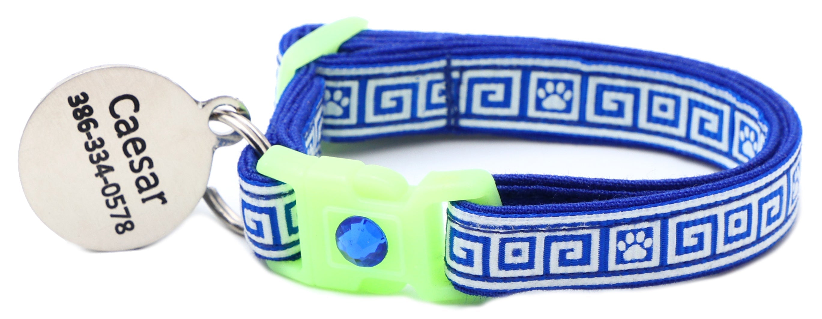 Cat collar with blue Greek key fabric, neon green buckle, round name tag, blue gem detail