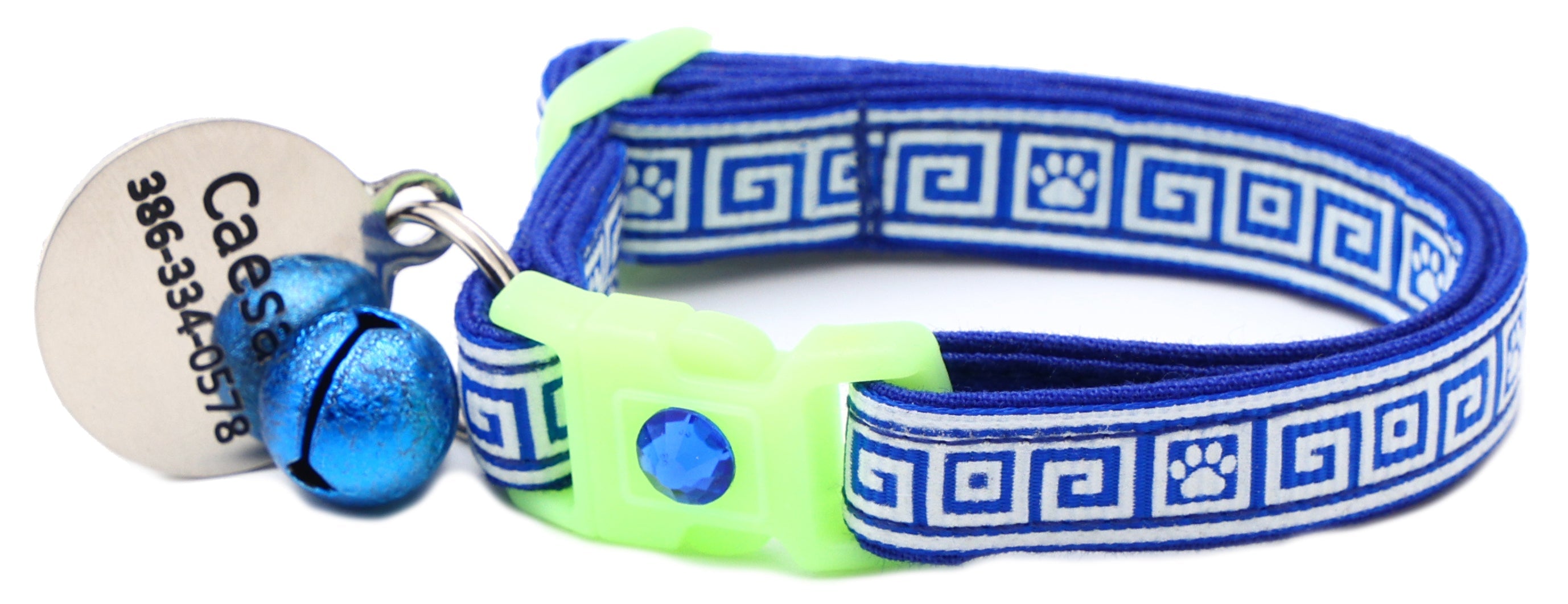 Cat collar with blue Greek key fabric, neon green buckle, round name tag, blue bell charm