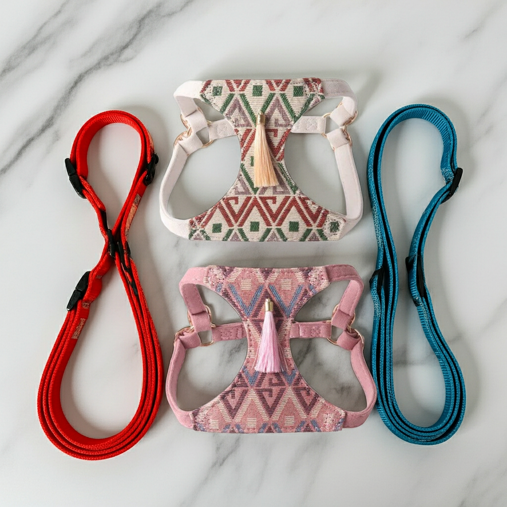 Boho dog harness and leash set with tribal pattern, tassel vests, and red/blue leashes