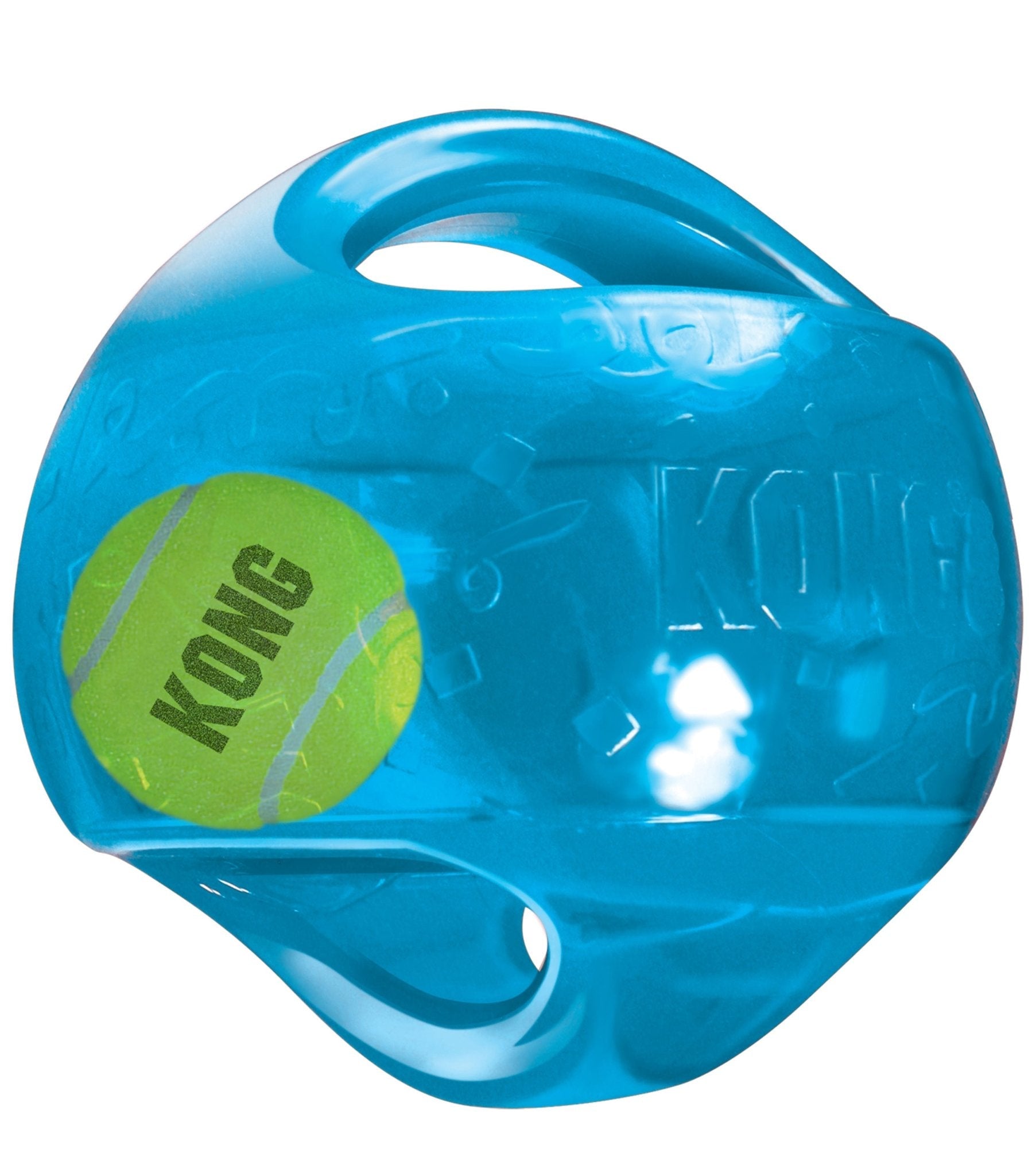KONG Jumbler ball dog squeaker toy, blue outer shell with 'KONG' lime insert