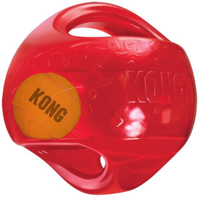 KONG Jumbler ball dog squeaker toy, red outer shell with orange KONG insert