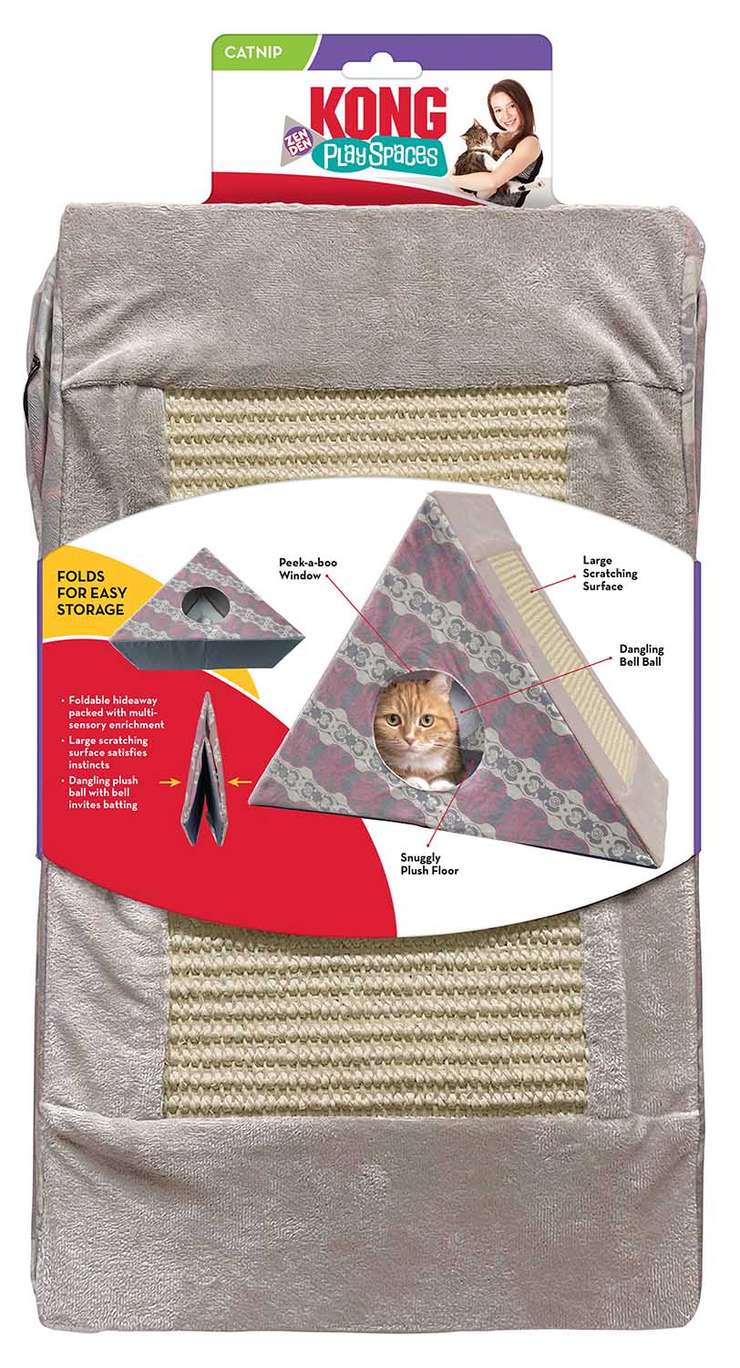 Folding cat play tent in gray fabric with beige sisal scratching panel, shown in package