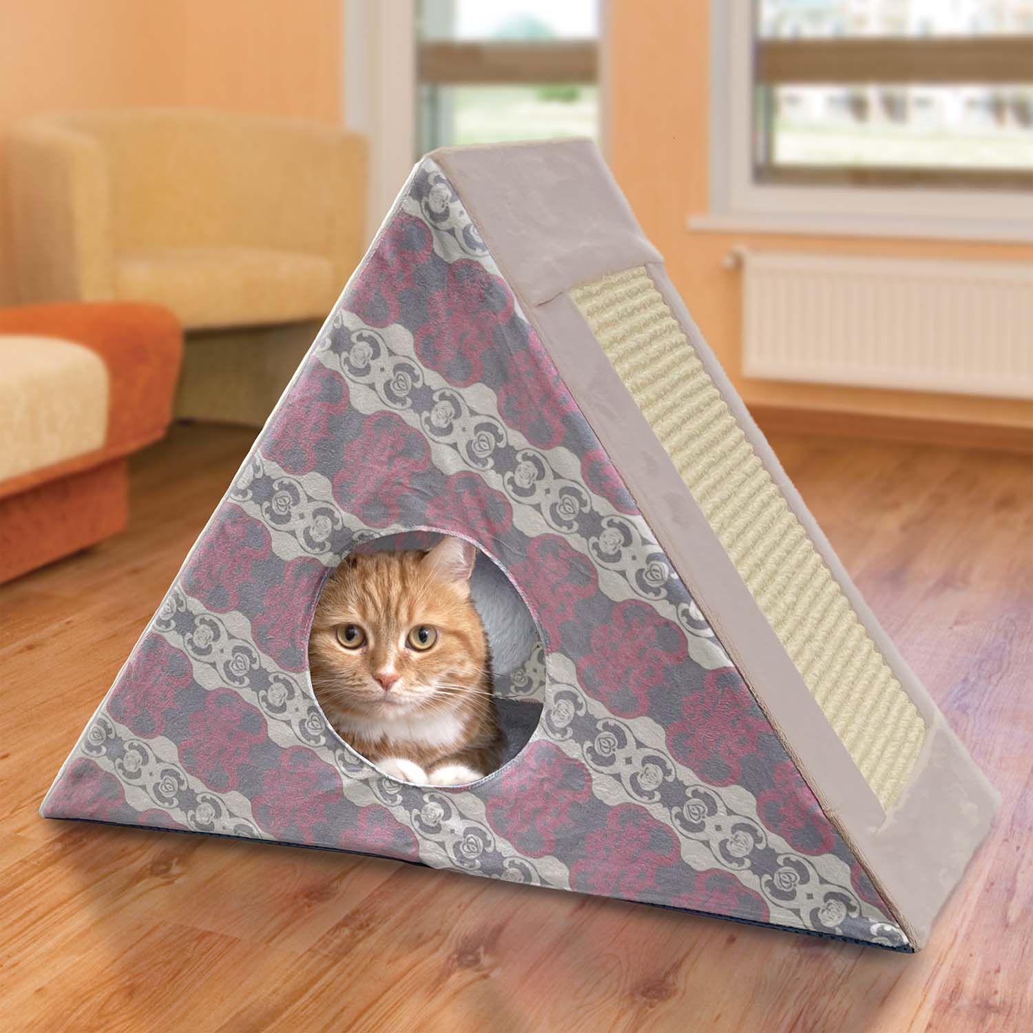 Cat play tent with purple and gray pattern, beige padded sides, oval door opening