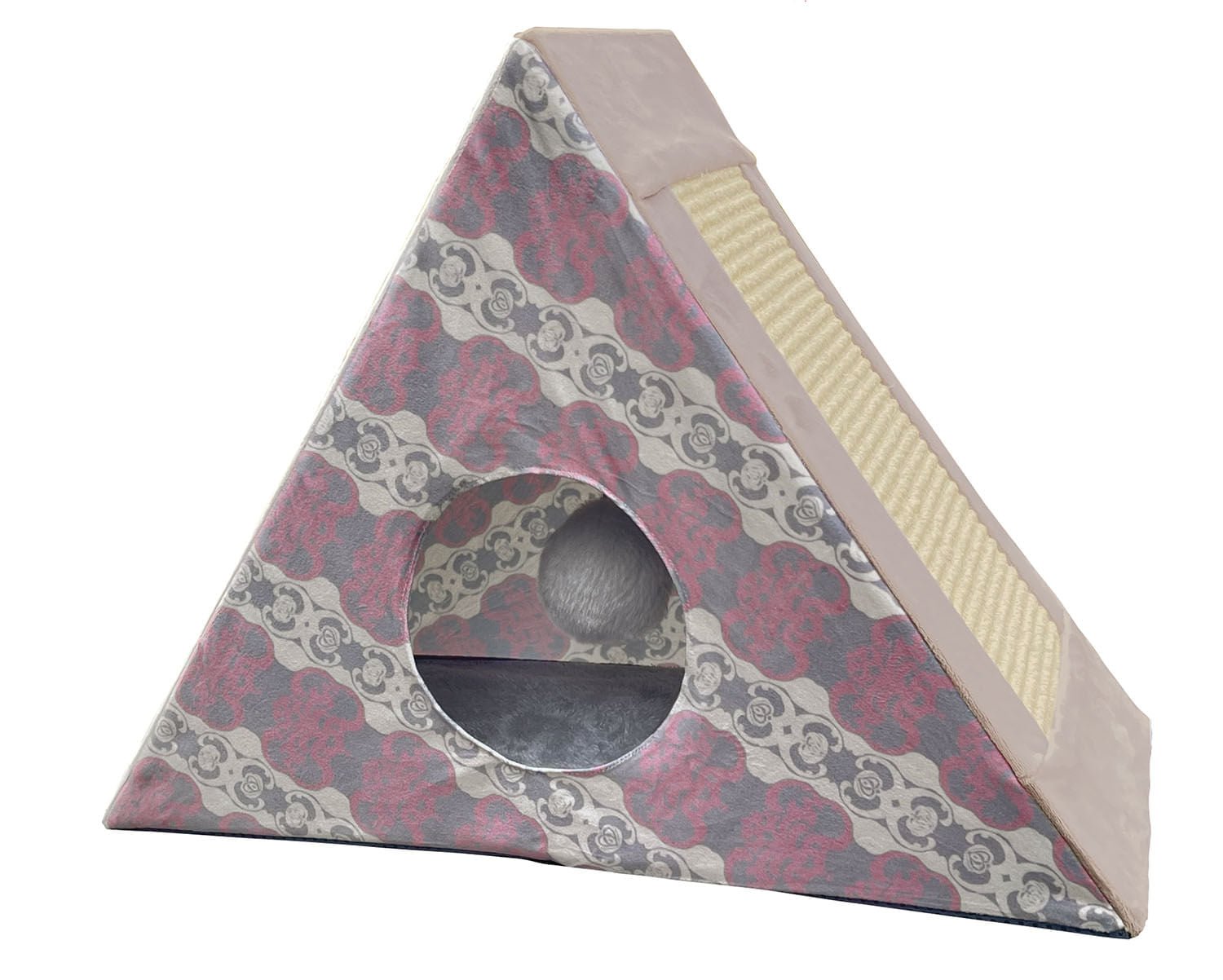 Triangular cat play tent with purple and gray pattern, oval doorway, beige top and side panels