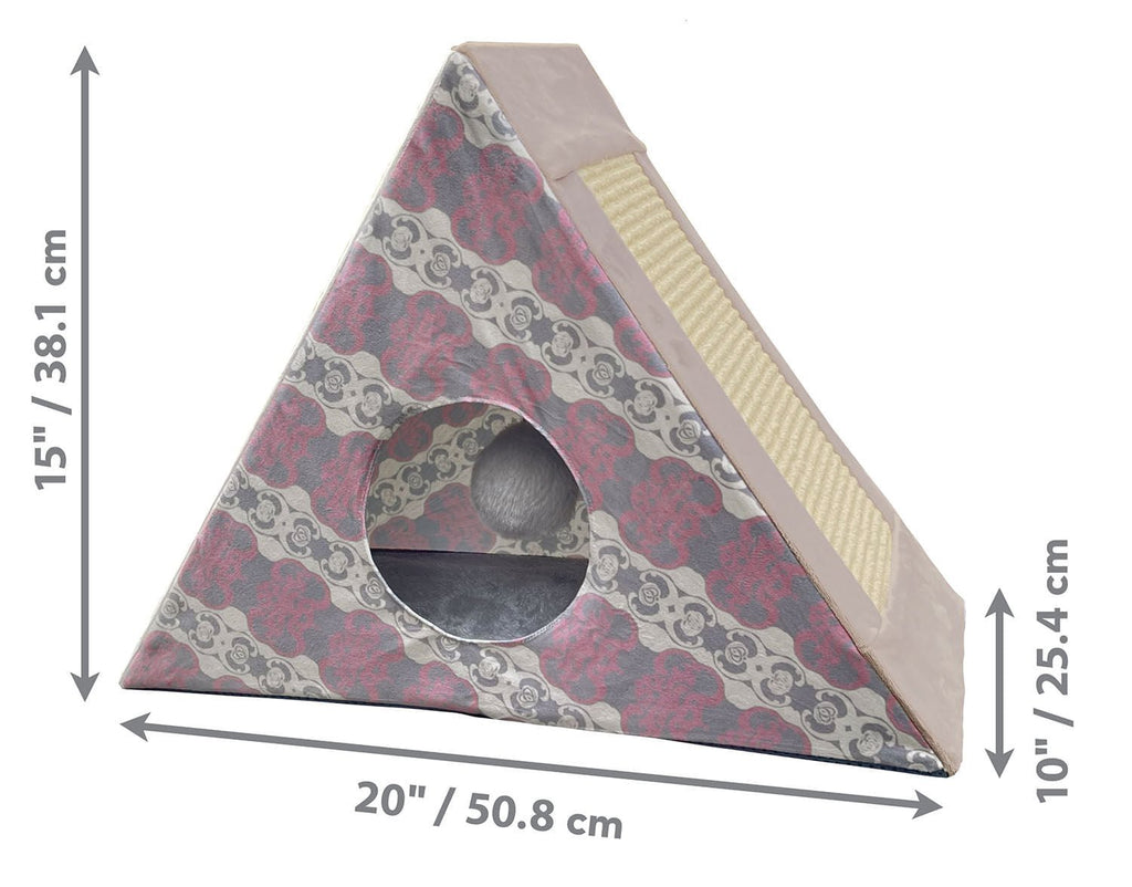 Triangular cat play tent with patterned fabric and oval tunnel opening, beige padded edges; size view