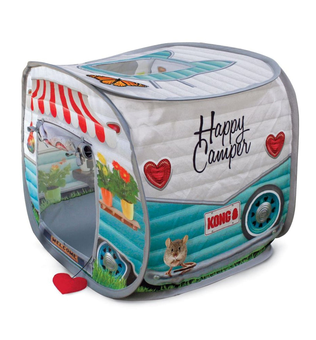 Cat pop-up camper toy with 'Happy Camper' graphics, hearts, and KONG logo