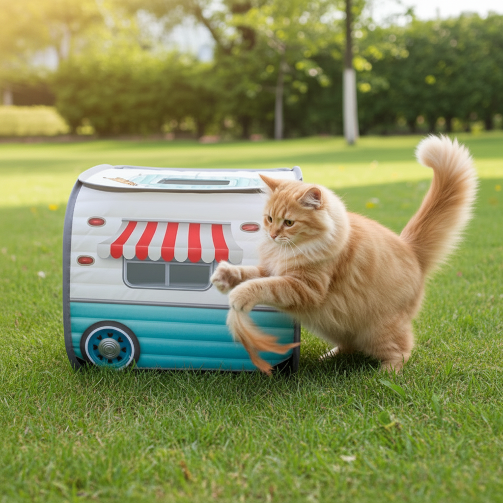Cat play pop-up camper toy with striped awning and attached front panel, with orange kitten
