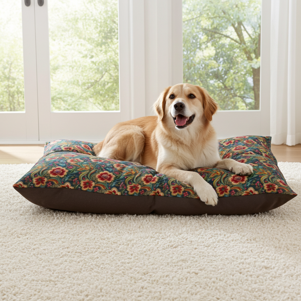 Crimson Blossoms on Teal Vintage Brocade Pet Bed — Coral Fleece, Removable Cover, 40" × 30"