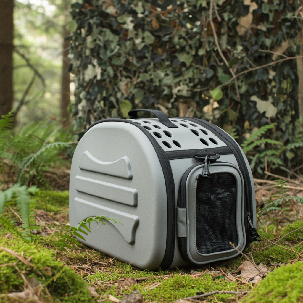 Light grey collapsible dog carrier with front vent holes and black mesh door
