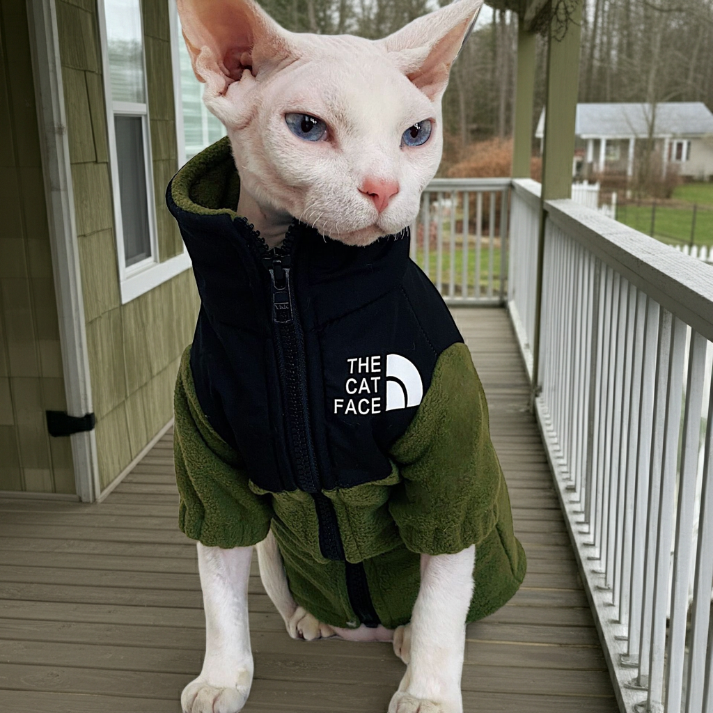 Fleece zip-up cat hoodie jacket with cat-face embroidered patch, front zipper, dark green