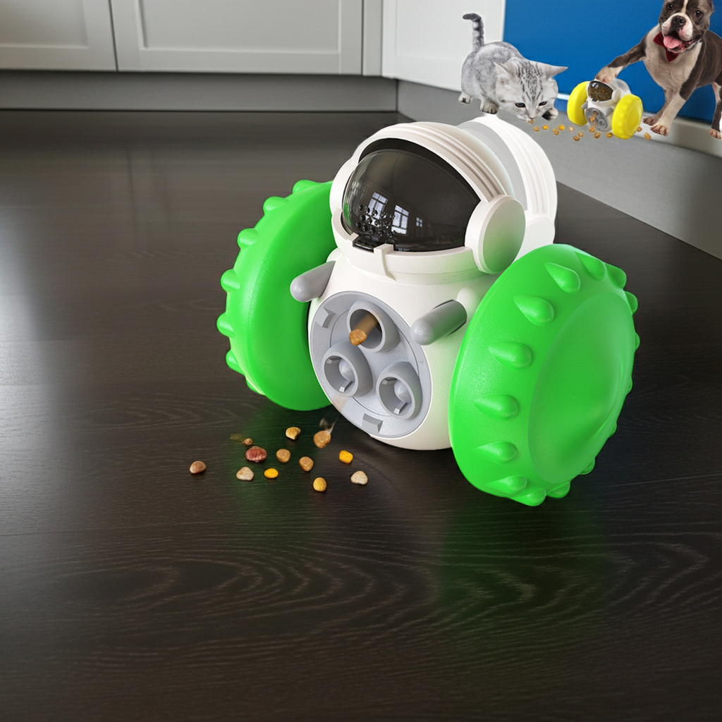 Green and white treat-dispensing wobble robot toy on floor with scattered kibble