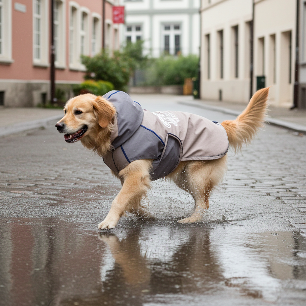 Gray dog raincoat with hood, short sleeves, and drawstring hem