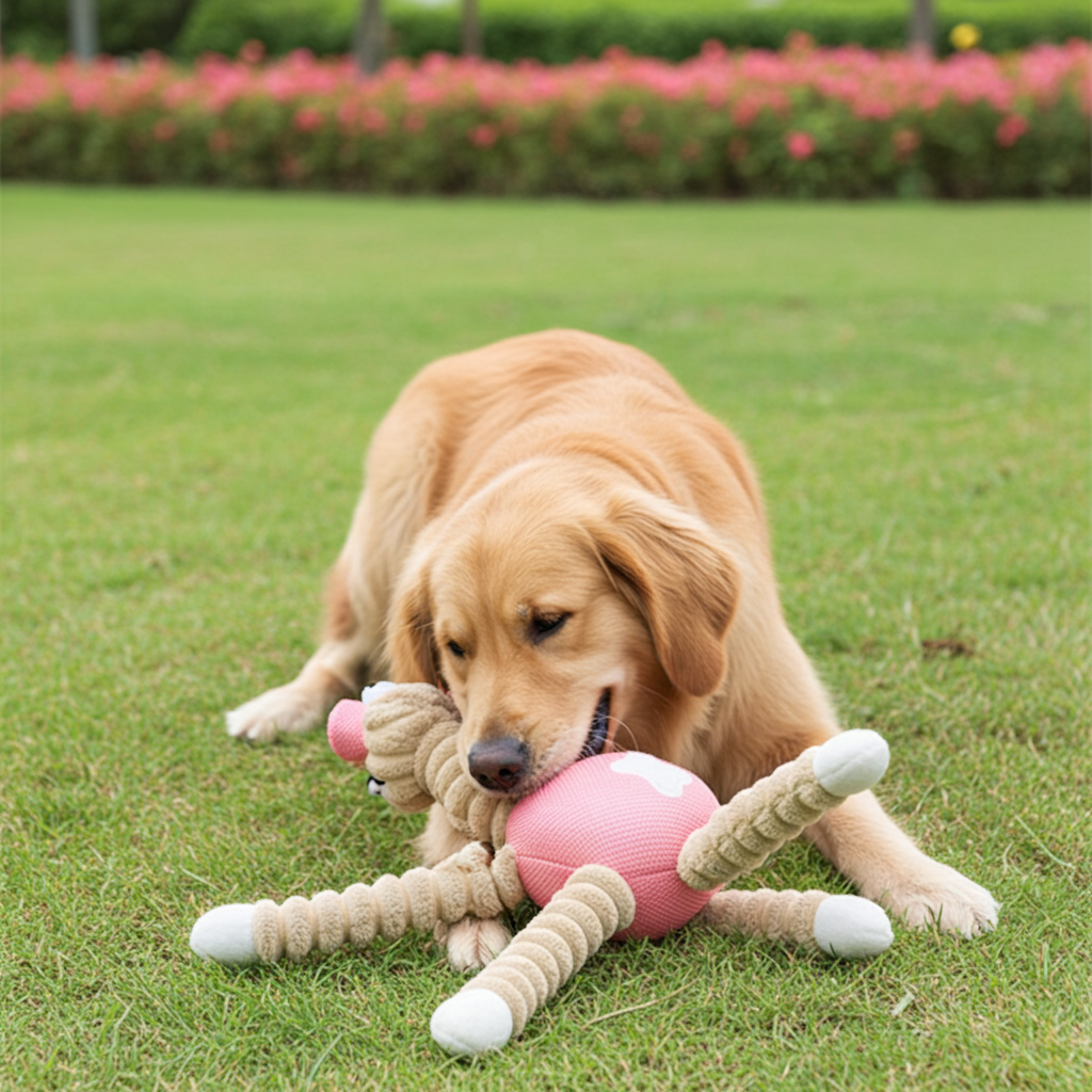 Dog toy: jute rope squeak chew with plush head and pink fabric body