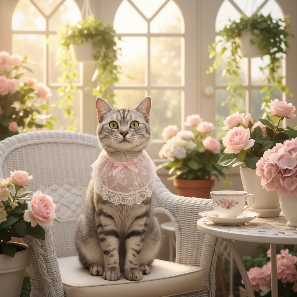 Pink lace-trim pet scarf with bow, worn by a cat