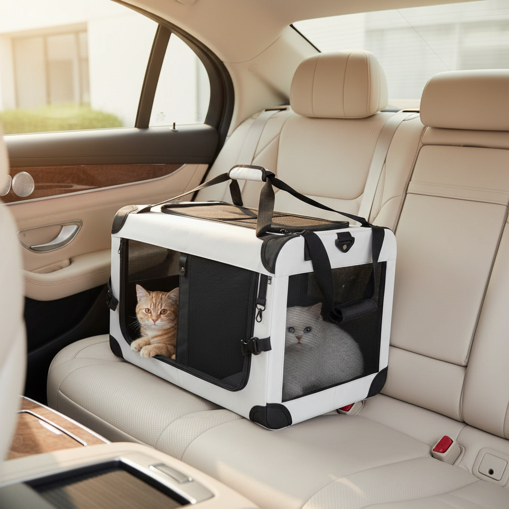 Large soft-sided cat carrier with black mesh sides and top, grey trim, front opening