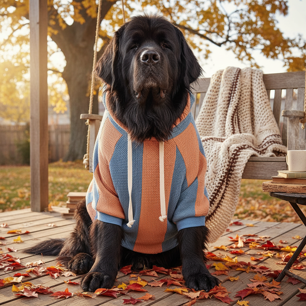 Dog hooded patchwork sweatshirt with multicolor blue, orange, and brown pullover design.