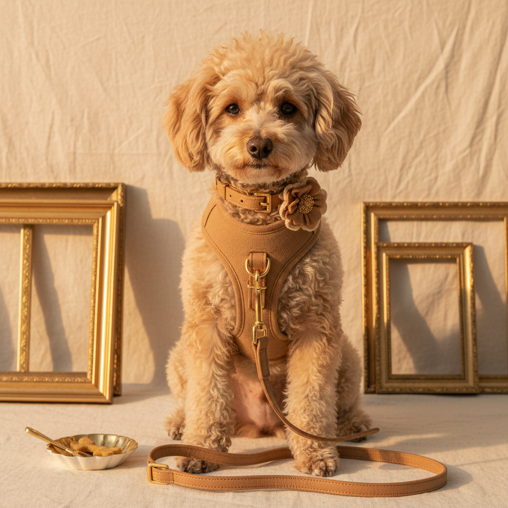 Tan flannel dog harness with gold buckle, flower accent, and matching leash