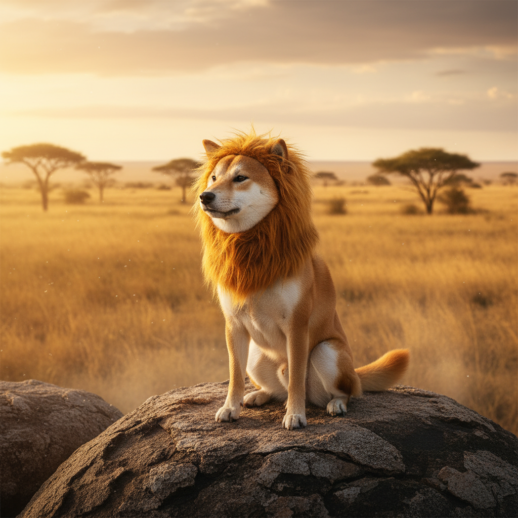 Brown lion hood pet costume with fluffy mane on a dog