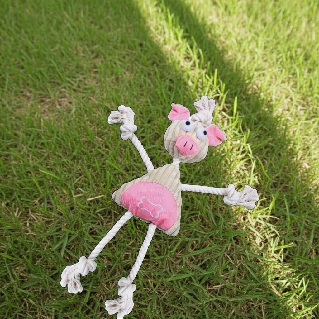 Pink pig jute rope squeak dog toy with plush head and stitched ears