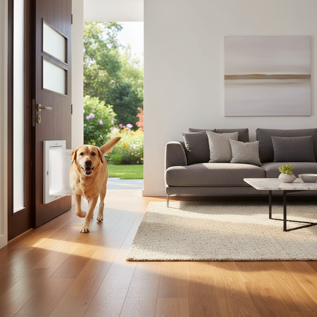 Lockable pet door with privacy flap and white frame on a door, dog using it