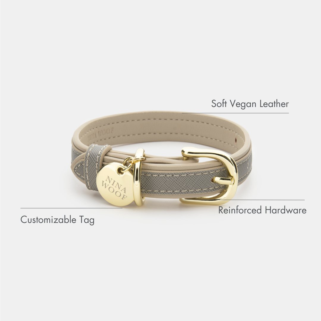 Grey vegan leather dog collar with gold hardware and engraved round tag