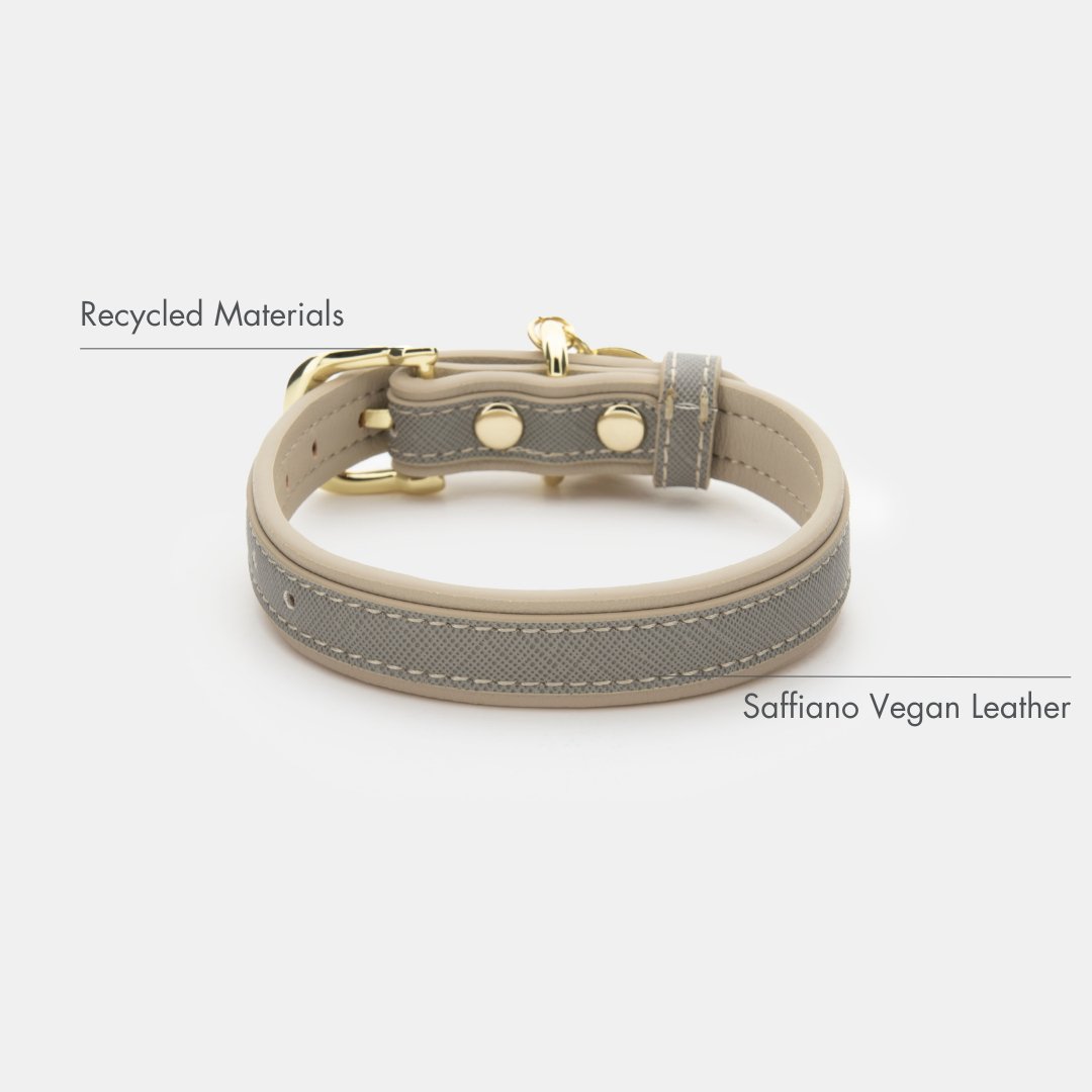 Grey Saffiano-style vegan leather dog collar with gold hardware and beige backing